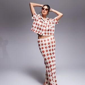 South Beach crochet short sleeve beach shirt in cream and rust - part of a set